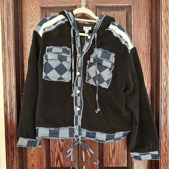 Bibi Jackets & Blazers - Bibi Jacket Checkered Denim and Sherpa Women's M Blue And Black